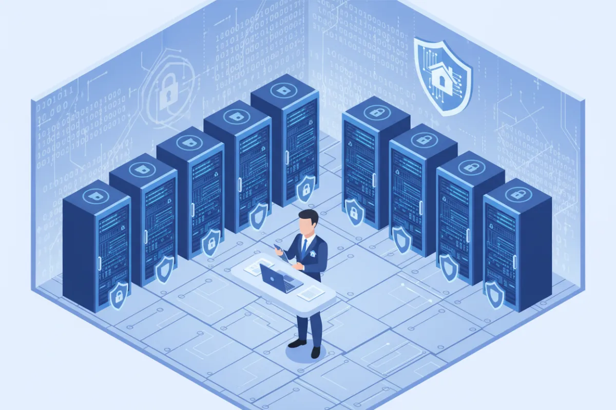 Isometric illustration of a secure server room with digital locks, shield icons, a real estate agent using a laptop, and encrypted code motifs in blue and white.