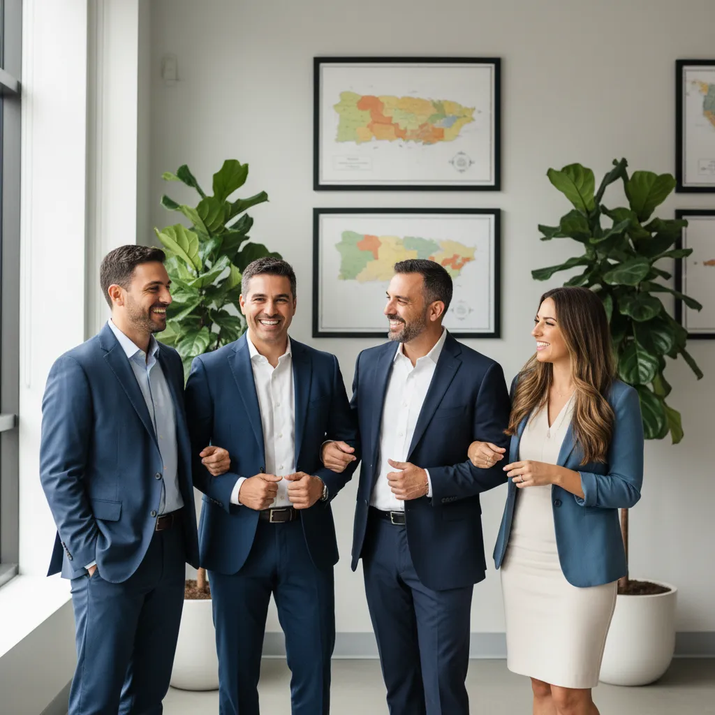 Grupo diverso de agentes inmobiliarios sonrientes en una oficina moderna, fondo con mapas de Puerto Rico y plantas, estilo retrato profesional, luz natural, ambiente colaborativo y profesional.