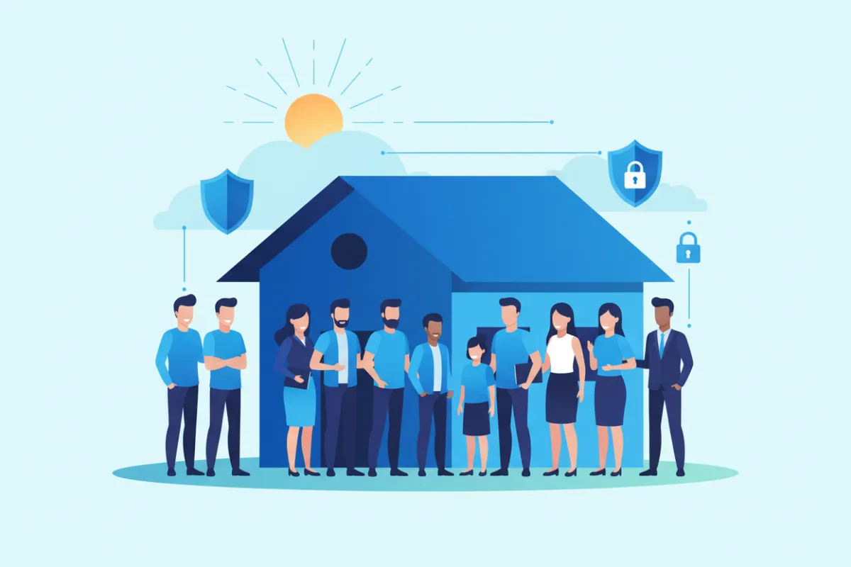 A modern flat illustration of a diverse group of people standing in front of a stylized house, with shield and lock icons subtly integrated into the background, representing privacy and security in real estate.