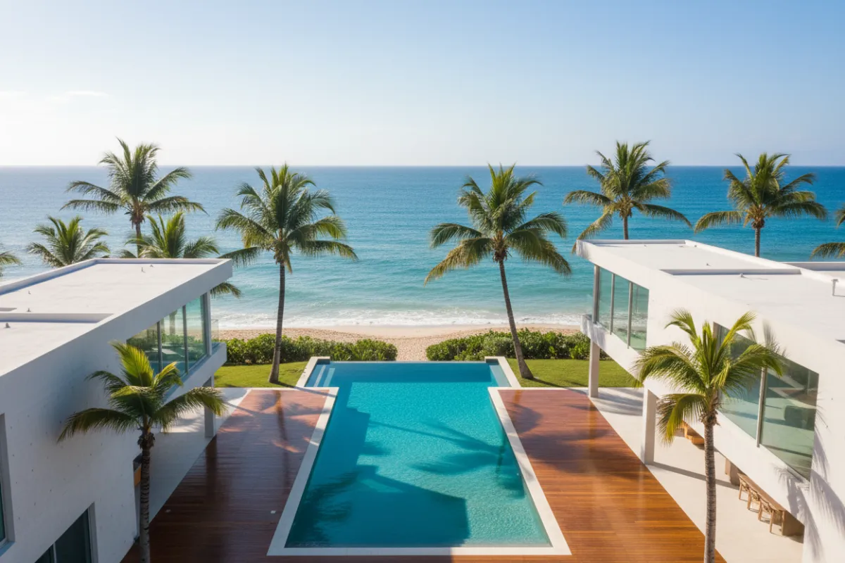 Vista aérea de una casa moderna con piscina y palmeras en la costa de Puerto Rico, cielo azul brillante y mar de fondo, estilo fotográfico realista, ambiente soleado y acogedor, sin personas presentes.