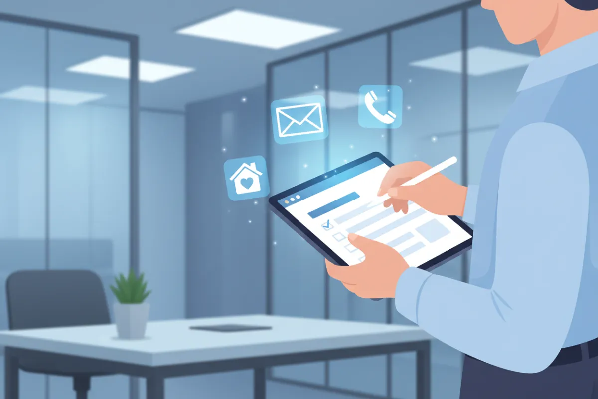A digital illustration showing a person filling out a secure online form on a tablet, with floating icons for email, phone, and property preferences. The background features a modern office with soft blue and white tones, conveying professionalism and trust.