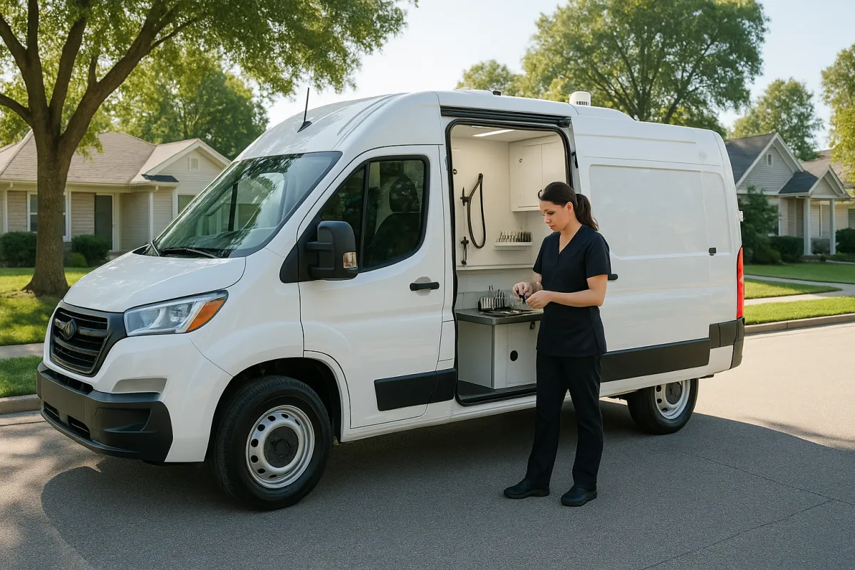 Modern mobile salon van with groomer prepping tools at the open door