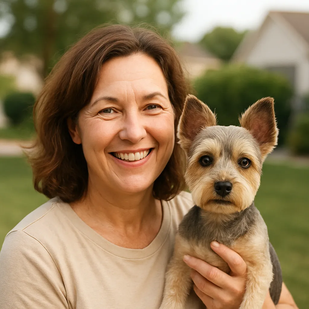 Smiling woman holding a small terrier after grooming