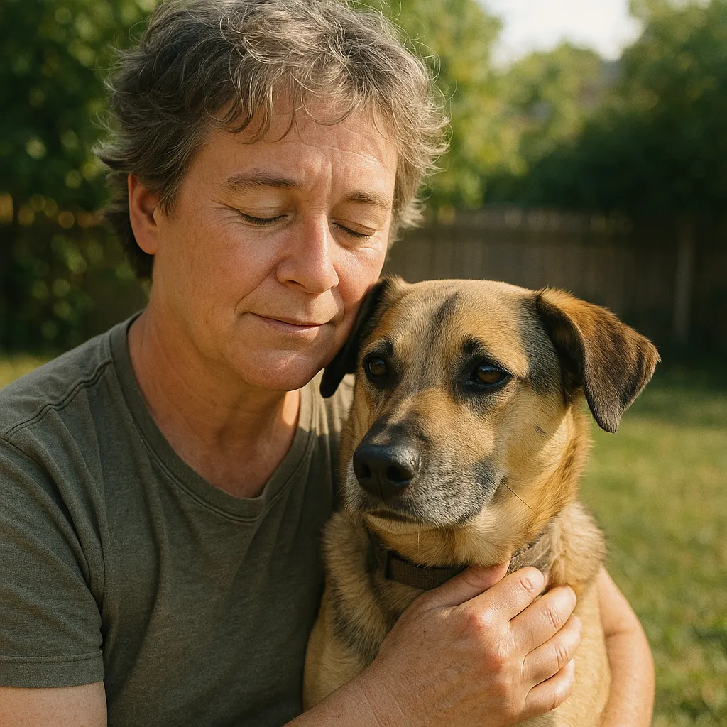 Middle-aged person with a calm rescued mixed-breed dog