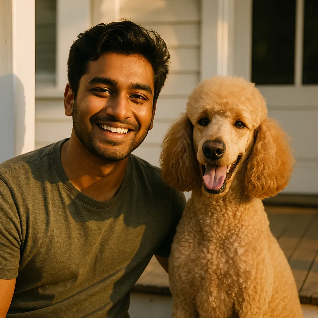 Young South Asian man smiling beside his groomed poodle