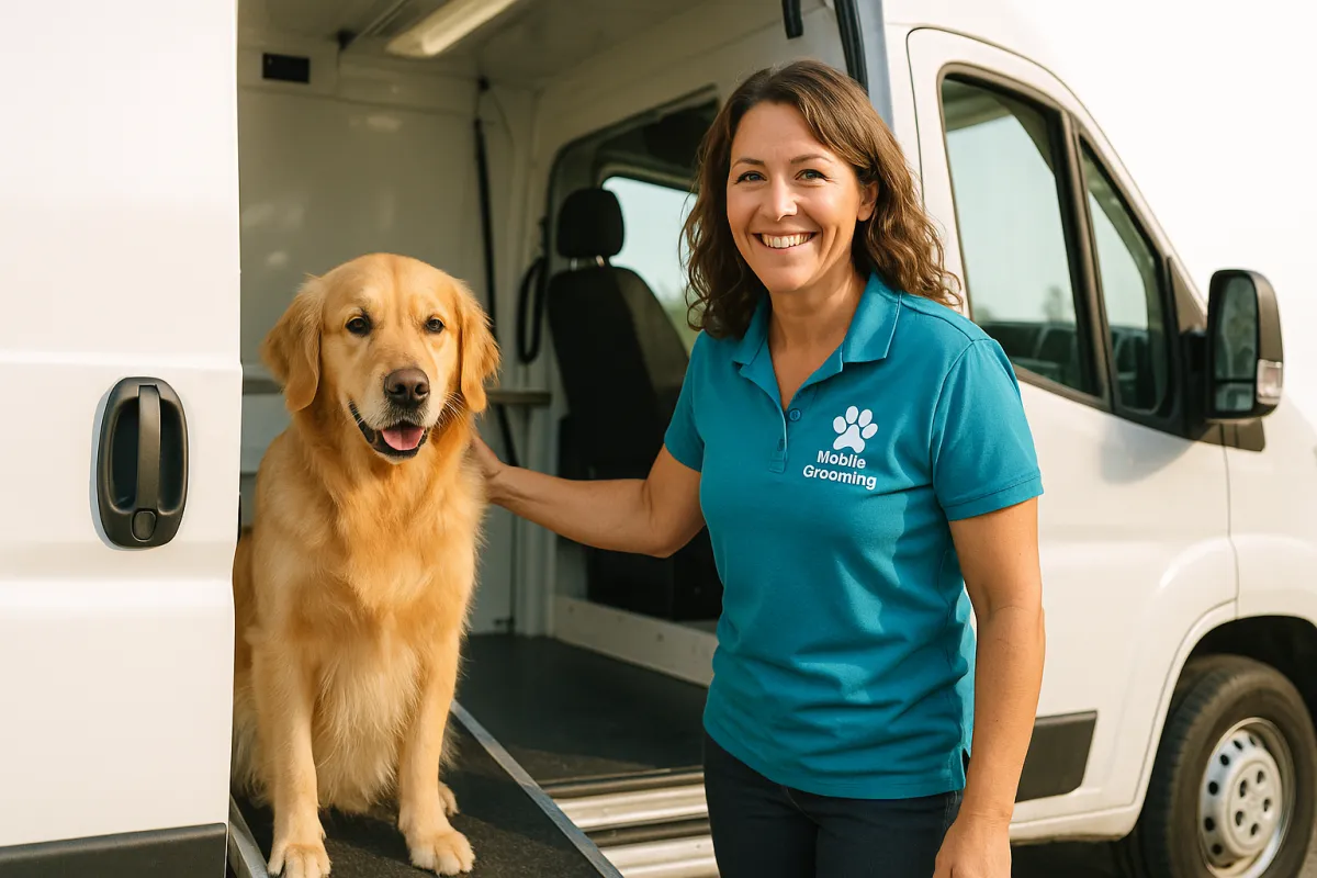 Smiling mobile groomer opening van door with calm golden retriever on ramp, natural morning light.
