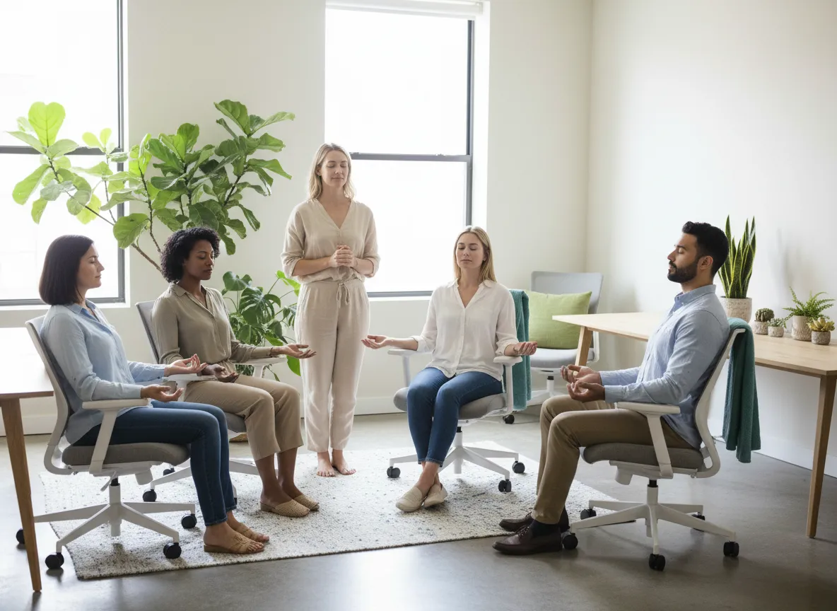 Calm workplace wellness session with relaxed employees