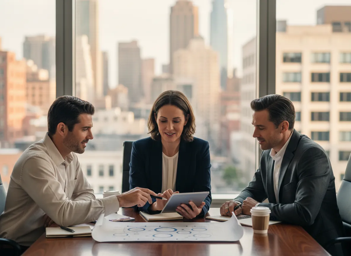 Business owners reviewing key person and buy-sell life insurance