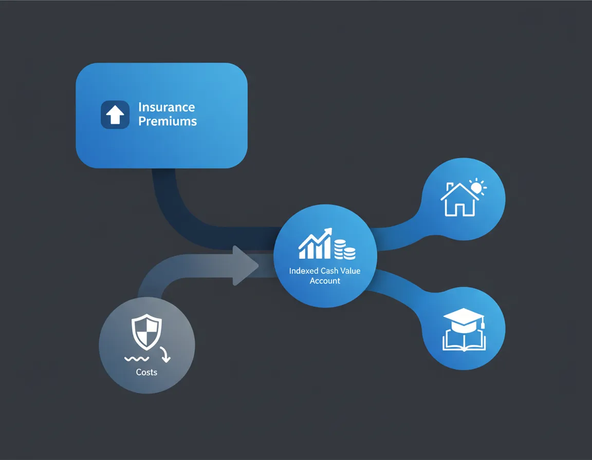 Diagram showing how IUL premiums flow into insurance costs and indexed cash value