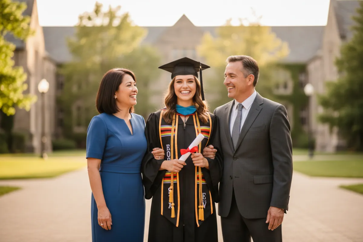 Student at graduation with parents planning college funding