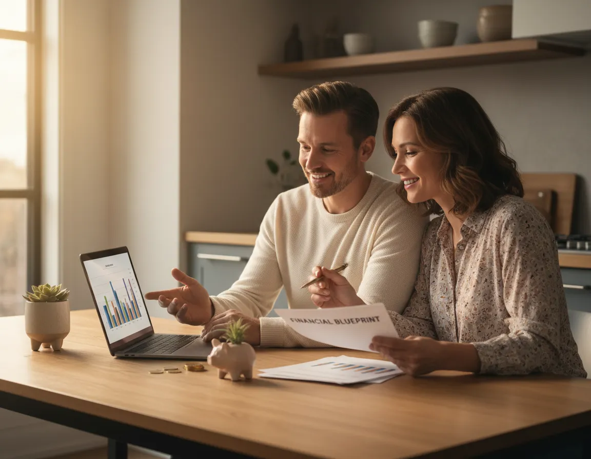 Smiling couple reviewing financial plan and insurance coverage