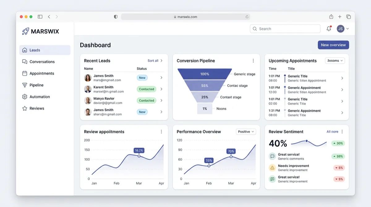 Marswix dashboard mockup showing leads, conversations, appointments, pipeline, automations, and reviews in one place