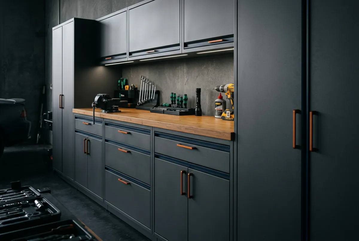 Heavy-duty powder coated steel garage cabinetry with solid bamboo workbench
