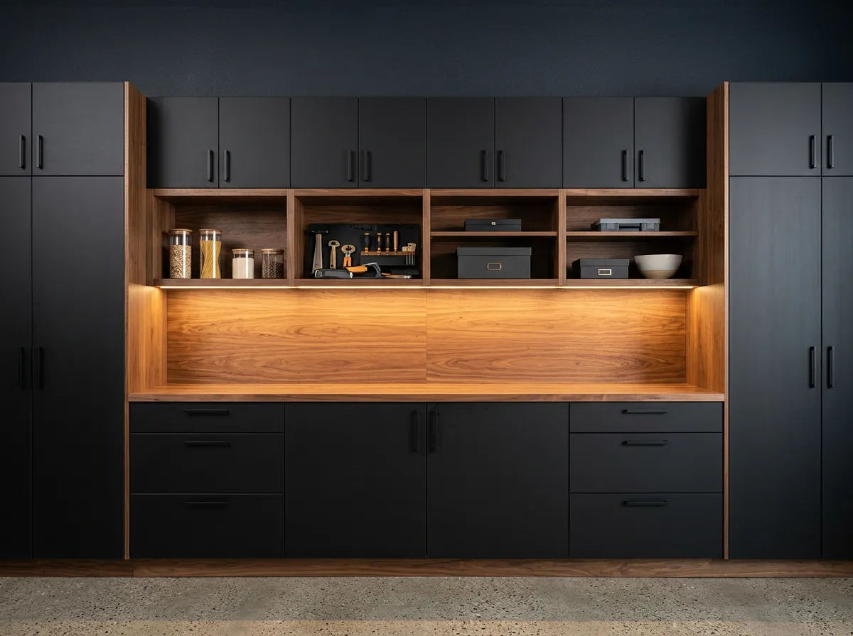 High-end custom modular garage cabinetry and architectural wall organization