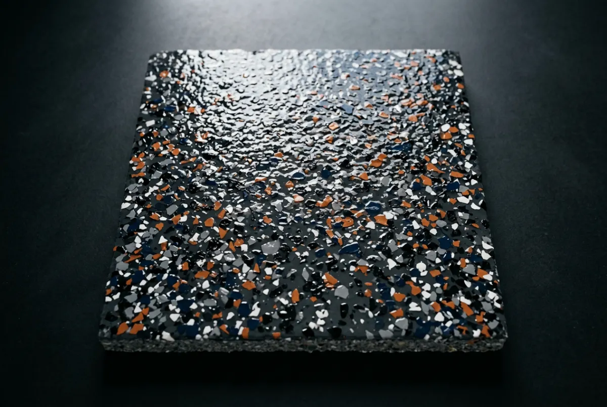 Polyaspartic garage floor coating sample with high-contrast flake finish