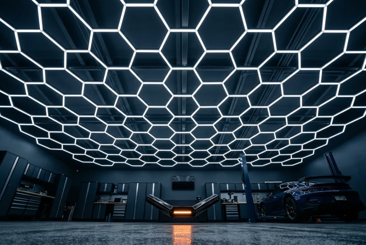 Flush ceiling architectural hexagonal LED grid lighting array in finished garage
