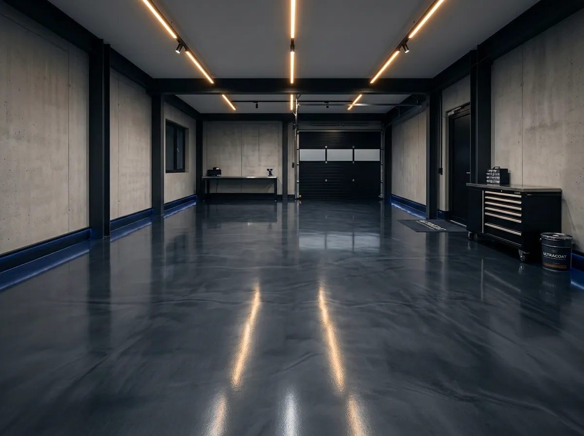 Pristine industrial polyaspartic garage floor coating reflecting architectural lights
