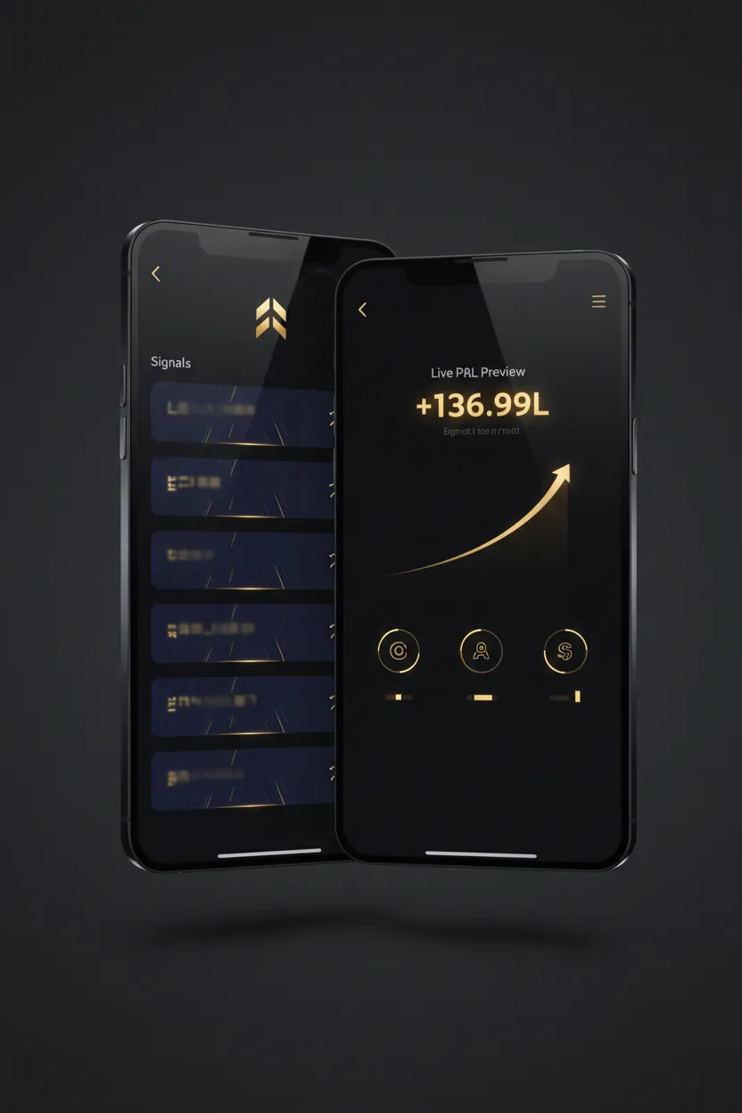 Two portrait smartphone screens showing Evolve Institute app: dark luxury UI with gold highlights, signal list and live P&L preview, photorealistic device mockup on charcoal background for app store preview.