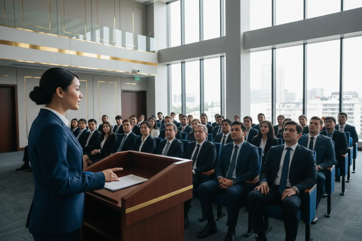 A professional educator in a navy suit stands at a podium, addressing an attentive audience of business professionals in a modern lecture hall. The room features gold-trimmed details and large windows, symbolizing transparency and institutional trust.