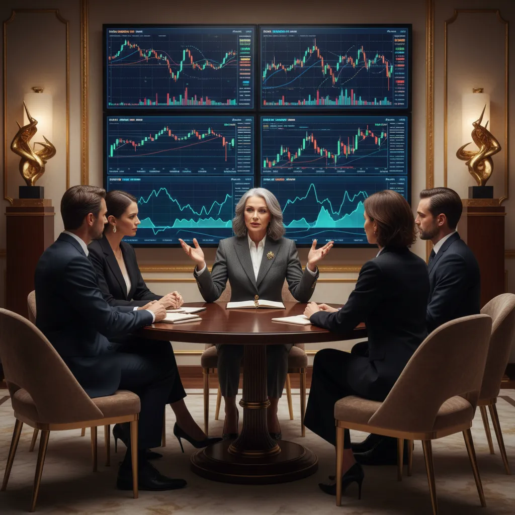 A confident, mature woman in a gold-accented office, leading a small group discussion with digital trading dashboards in the background, exuding expertise and exclusivity.
