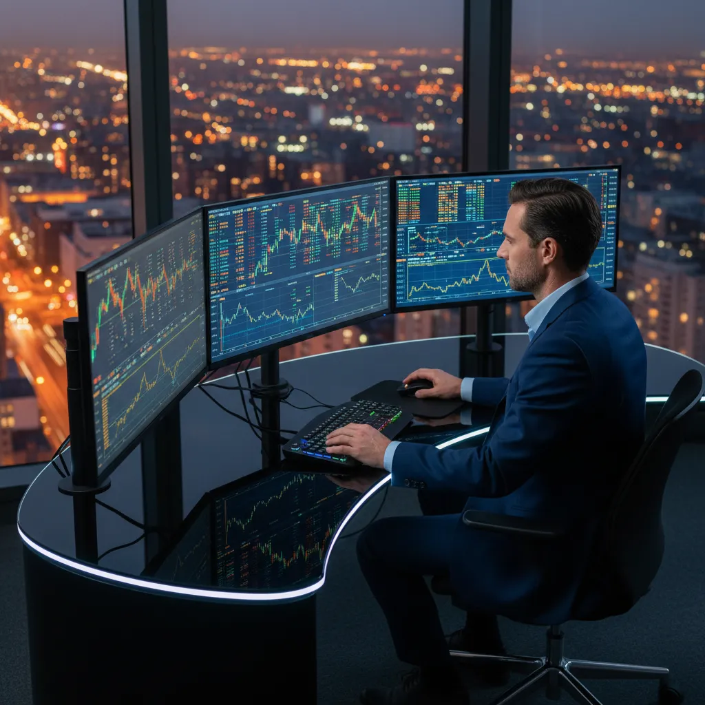 A mid-career man in business attire, analyzing multiple monitors with complex trading data in a sleek, high-tech workspace, city lights visible through the window, representing momentum and professional growth.