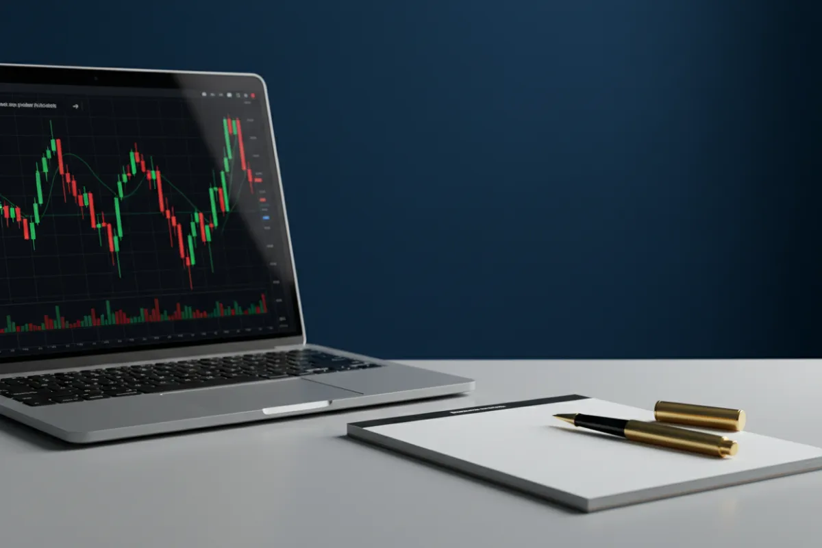 Modern workspace with a laptop displaying a trading video lesson, gold pen and notepad beside it, deep blue background