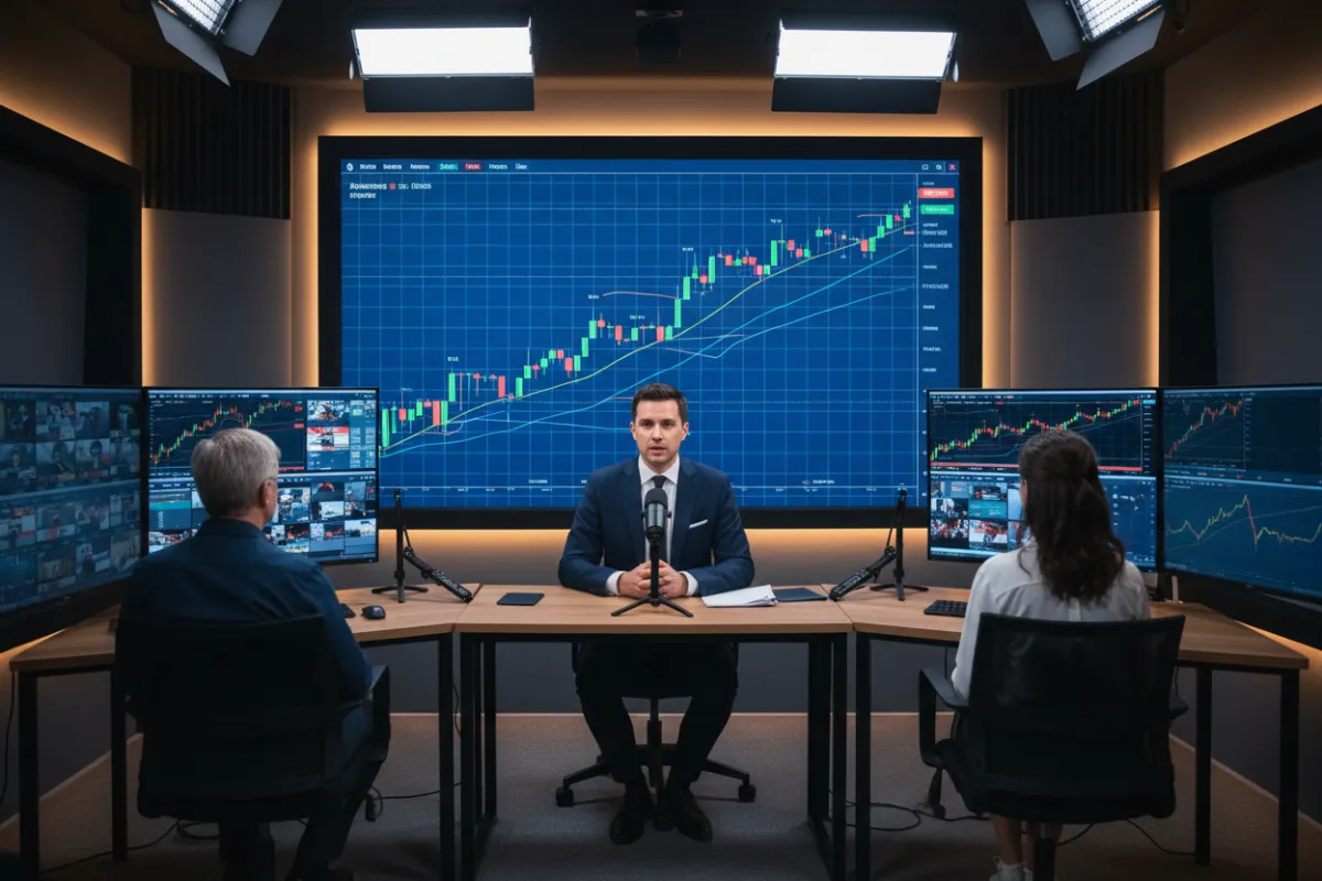 Live trading session: a moderator on camera with real-time chart overlays, attendees watching grids on secondary screens, studio lighting, professional broadcast aesthetic for live education and trading calls.