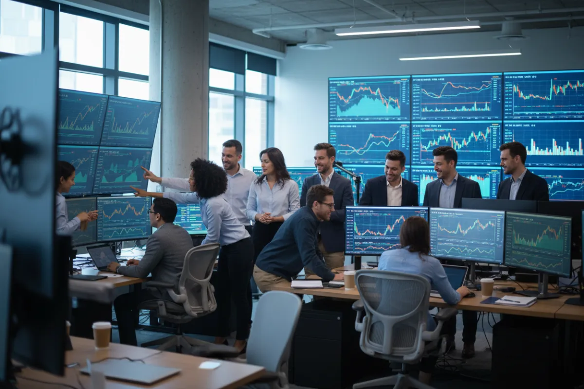 A collaborative trading room with diverse professionals discussing charts on screens, community-focused documentary style.