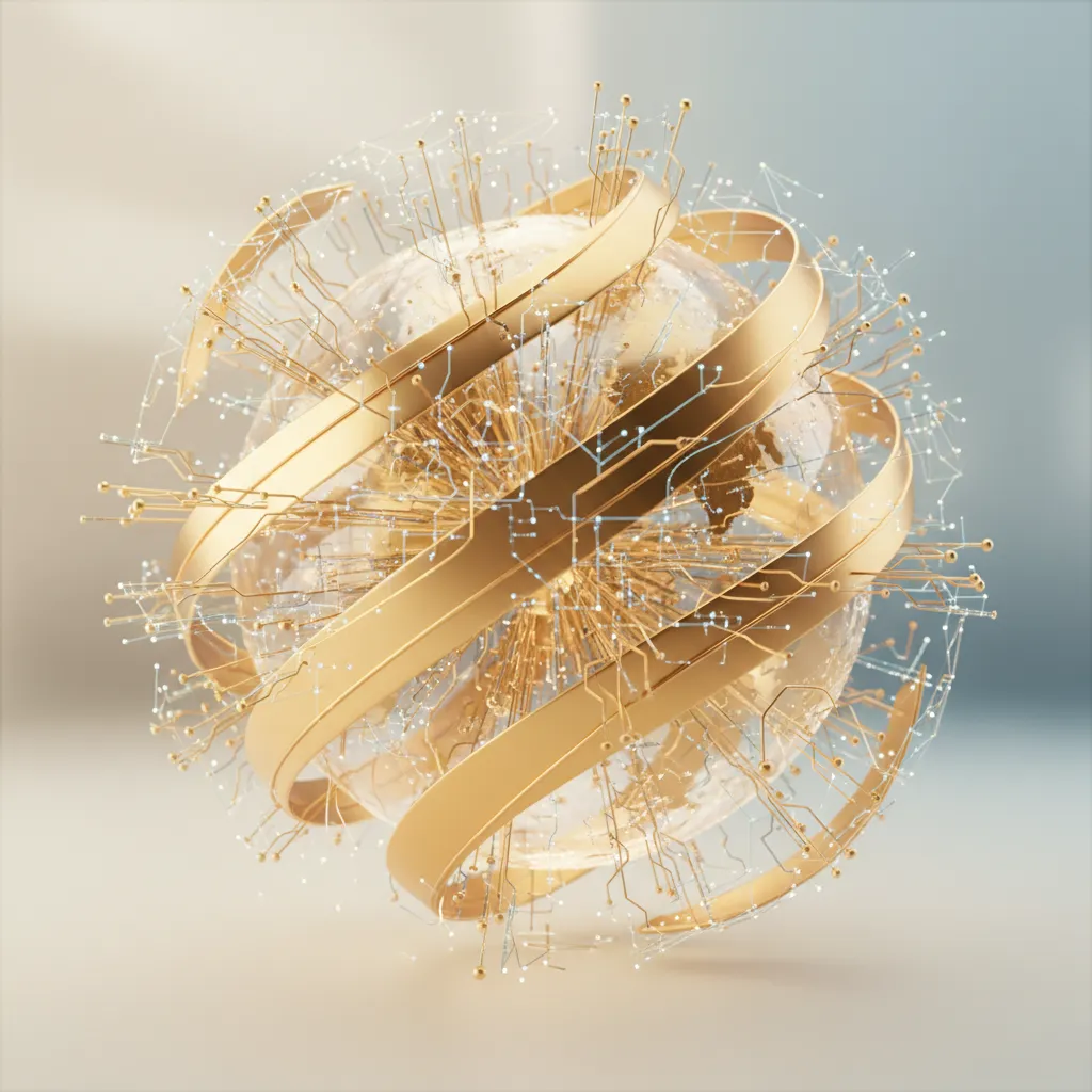 Abstract gold globe with digital network, symbolizing global financial evolution, 1:1 aspect