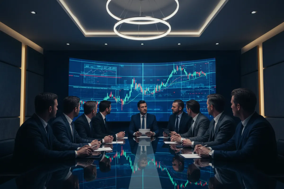 A diverse group of corporate professionals in formal attire, gathered around a sleek glass table, reviewing digital trading charts on a large screen in a modern, dimly lit boardroom with deep blue and gold accents. The atmosphere conveys focus, expertise, and anticipation for new educational content.