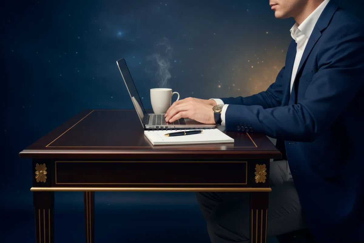 A confident professional in business attire sits at a gold-accented desk, typing on a laptop with a deep blue background. A notepad and coffee cup are nearby, and the scene conveys engagement and anticipation for joining a new educational community.