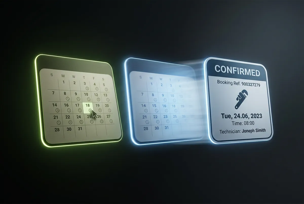 Automated schedule dispatch and confirmed plumbing appointment booking interface