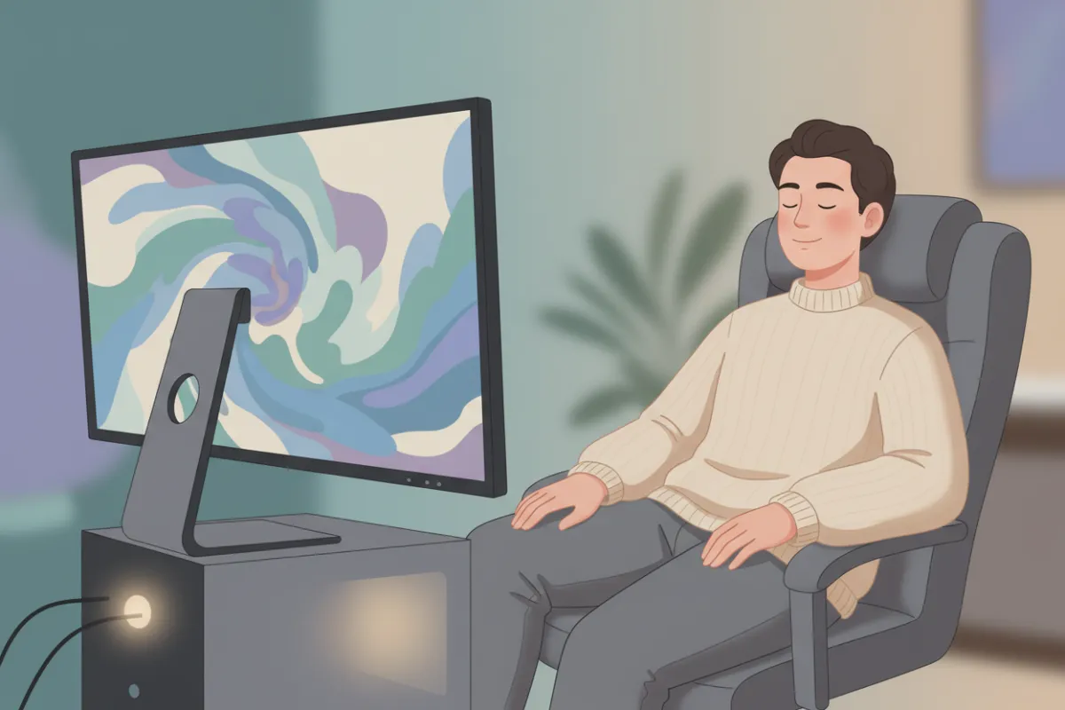 Relaxed client in a chair watching a hypnotic swirl on a monitor
