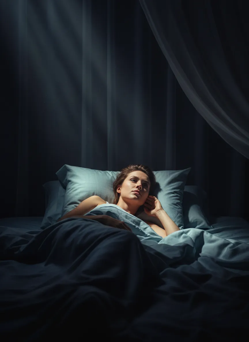 A person awake in bed in low light