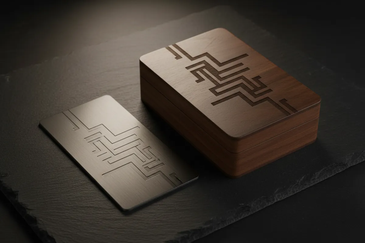 Premium corporate gift set with engraved metal card and wooden box.