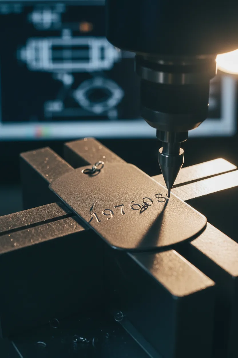 Detail of a stamped military-style dog tag being engraved.