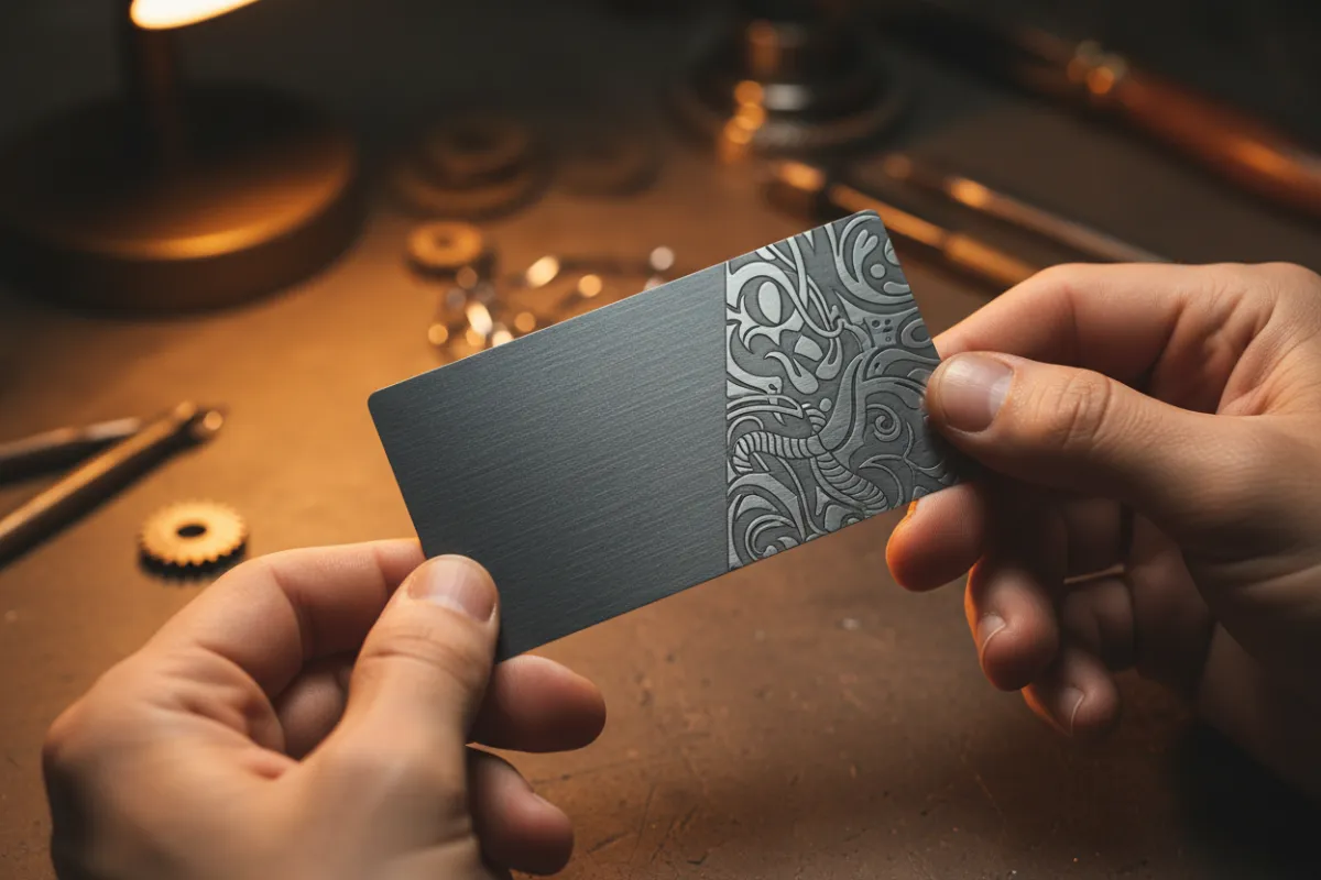 Hands holding a finished engraved metal business card against a dark workbench.