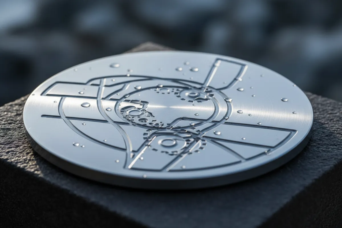 Close shot of plated metal item with crisp engraved lines and reflective highlights.