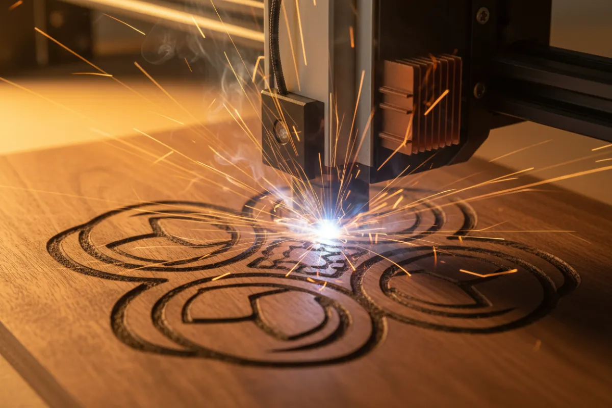 Laser head engraving a complex monogram into walnut with sparks and motion blur.