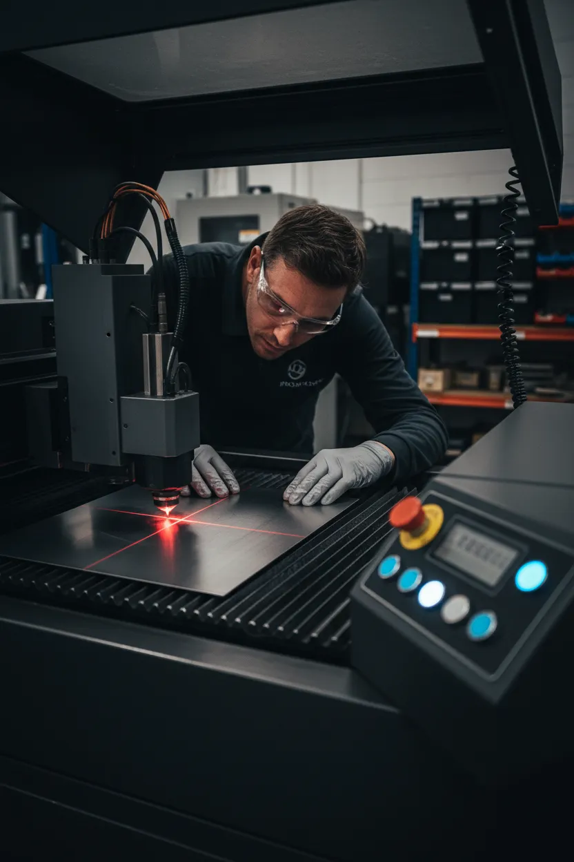 Laser engraving operator setting up a job on a metal sheet
