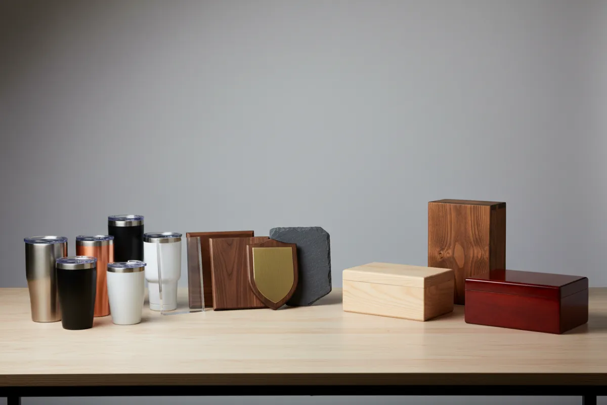 Assorted engraved products including tumblers, plaques, and wooden boxes arranged on a studio table.