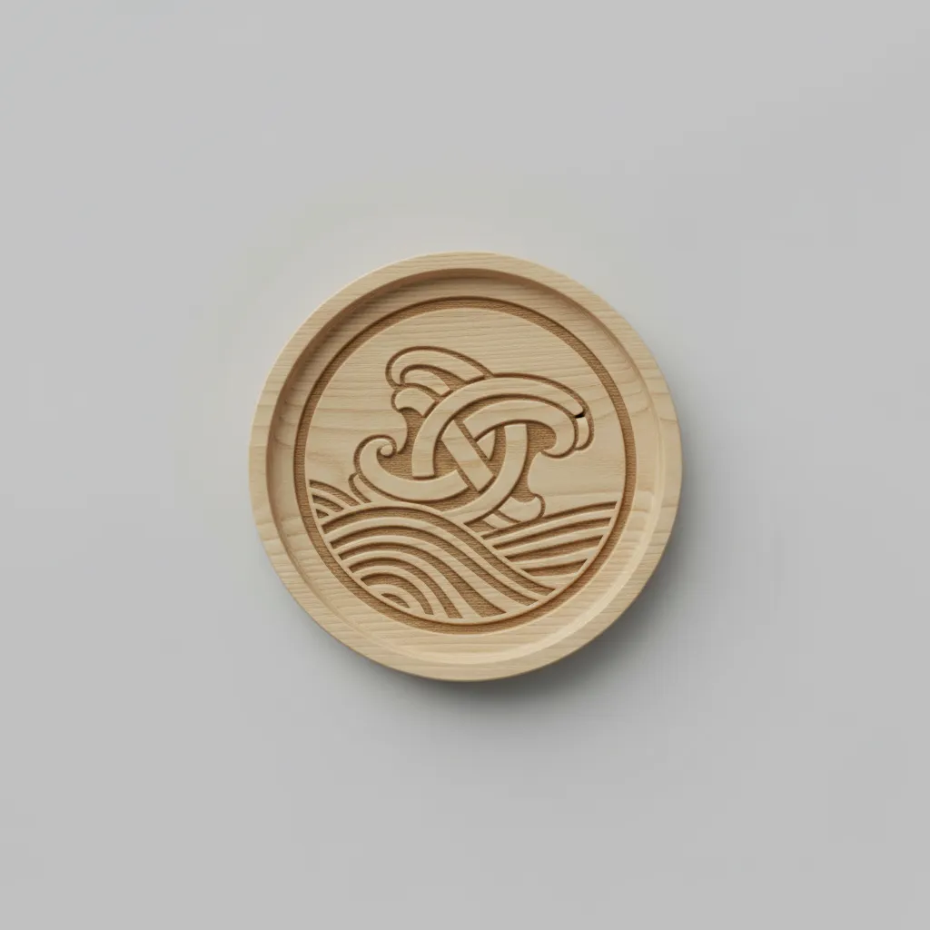 Precision-engraved round wood coaster with detailed logo.