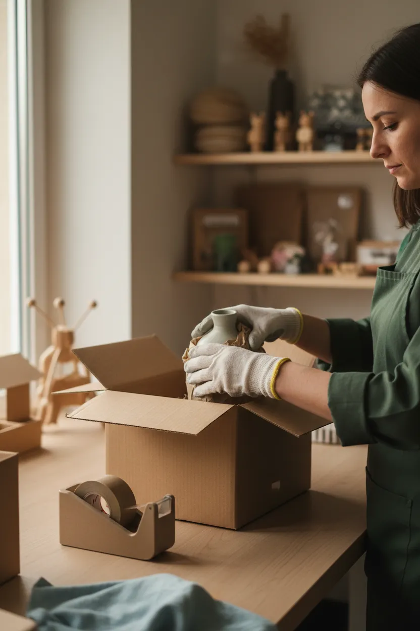 Close-up of an operator packing a shipment at a workshop bench, emphasizing local service and careful handling.
