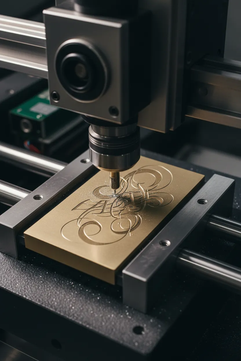 Engraving process close-up on the machine bed with a plate being engraved.