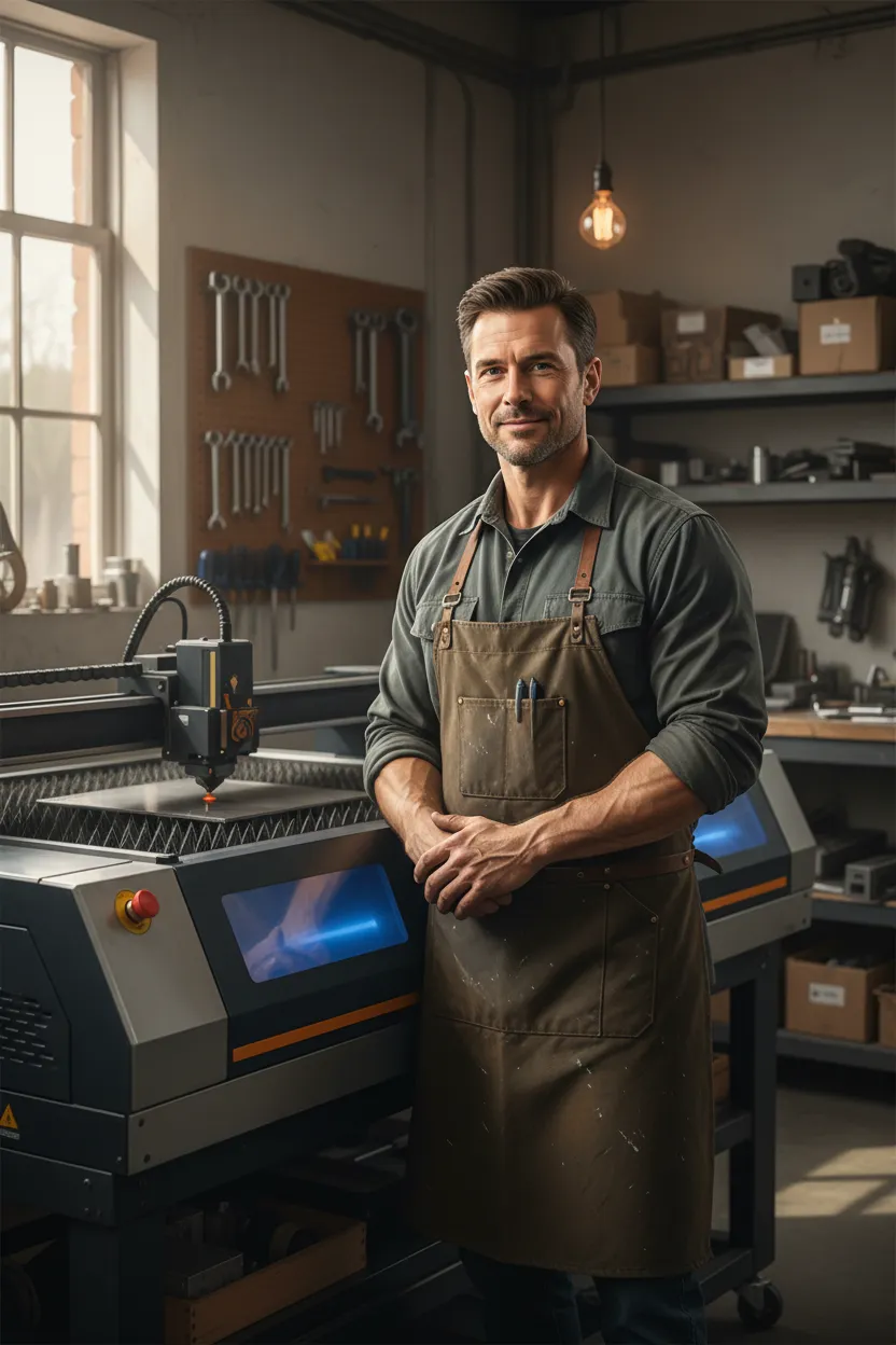 Founder John in his workshop near the laser table, wearing a mechanic’s apron.