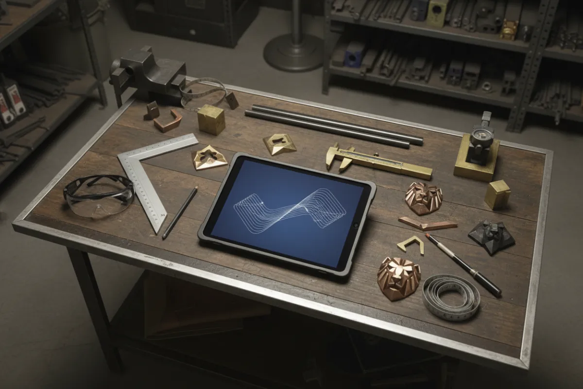 High-angle shot of the Iron Monarch Forge workshop table with tools and tablet.