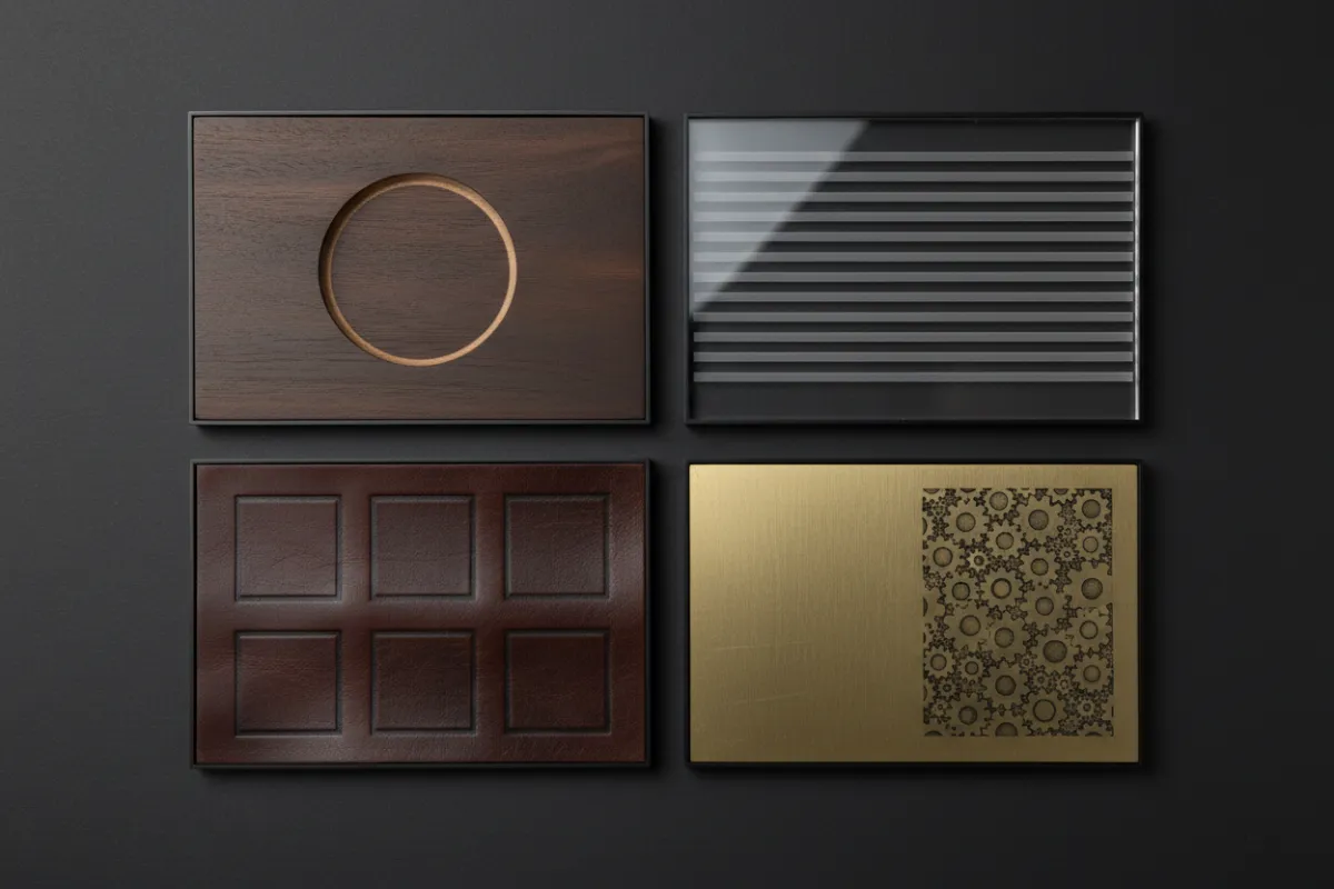 Sample grid of engraved materials including wood, acrylic, leather, and metal swatches.