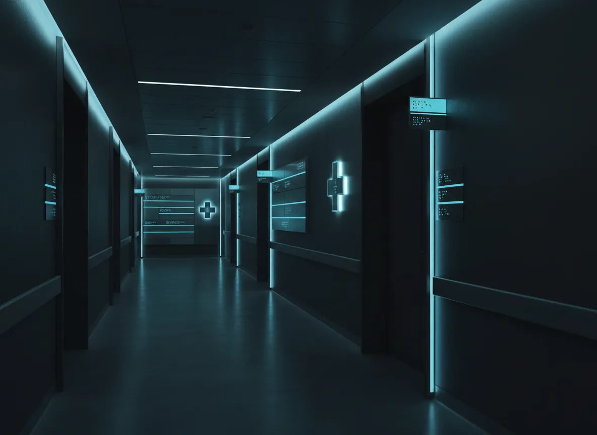 Dark hospital corridor with ADA room signs, donor wall, and medical cross signage.