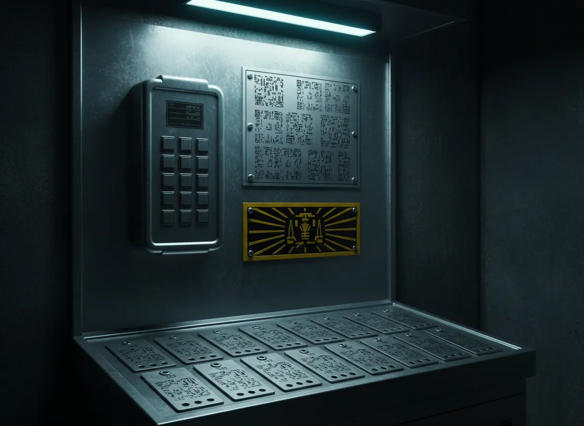 Security facility with access control panel and mil-spec stainless ID plates and asset tags.