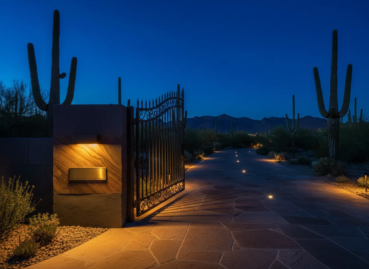 Luxury desert estate with saguaro, iron gate, address stone, and brass nameplate.